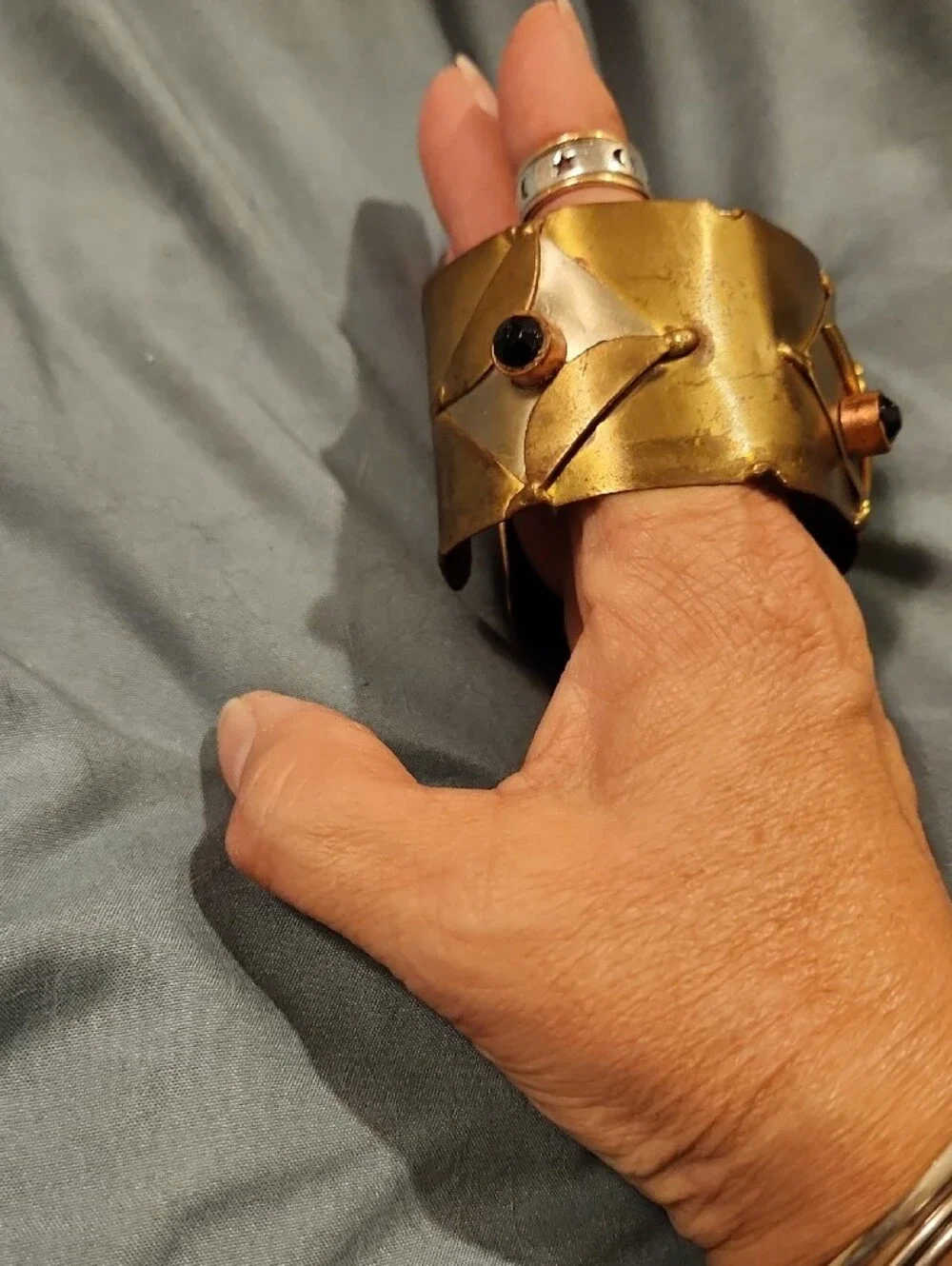 Source Unknown Gold-Tone Mixed Metal Cuff Bracelet with Black Accent